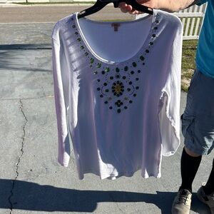 Reba White Scoop Neck Top with Green and Gold Jewel Accents